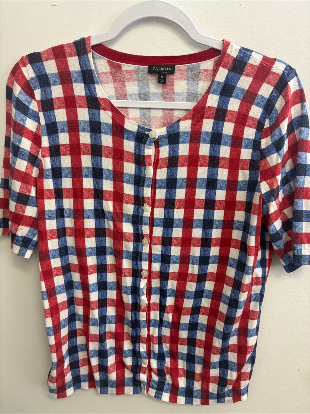 Talbots Red White Blue Plaid Button-Front Knit Top